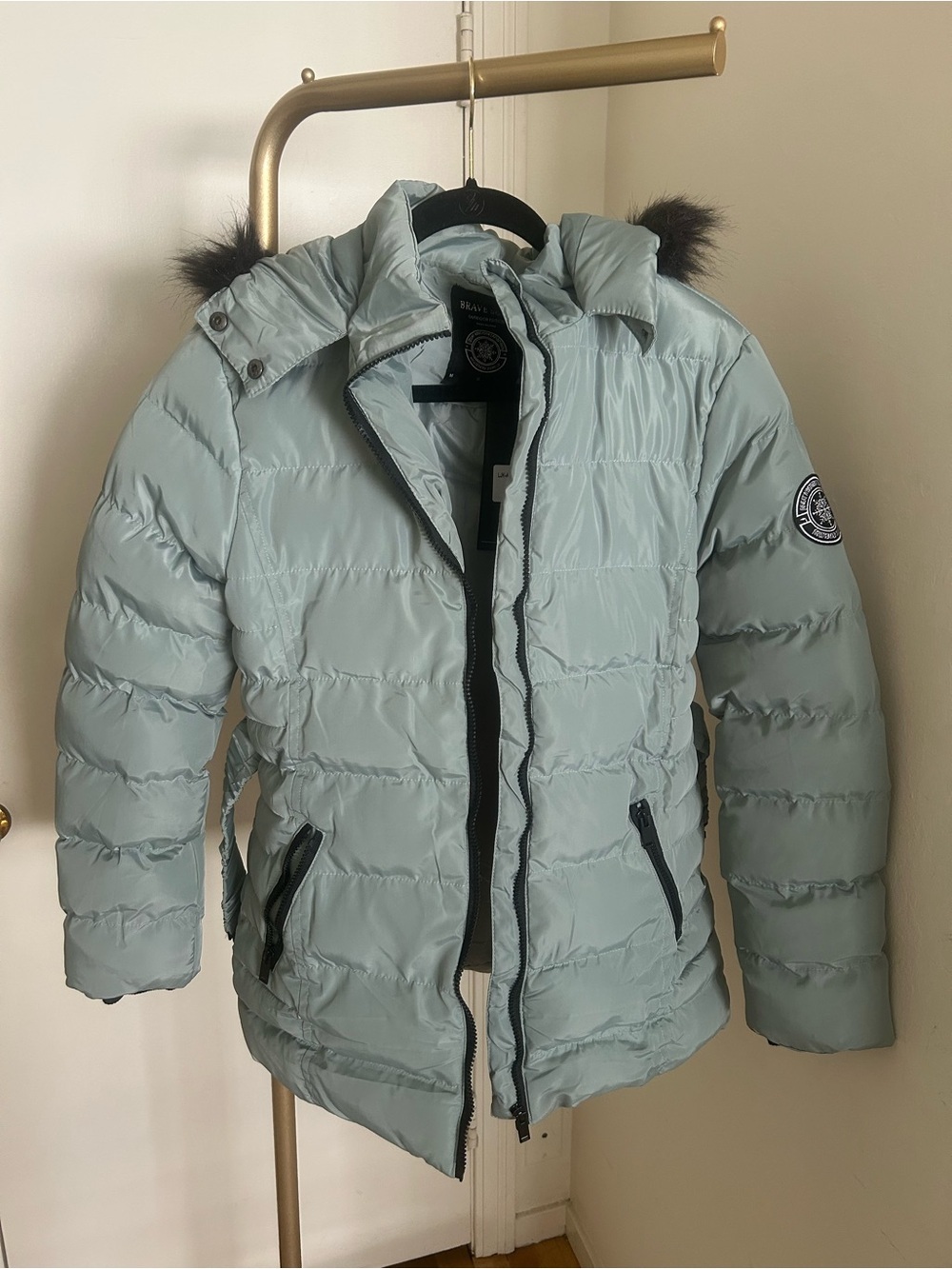 Brave Soul Mint Green Puffer Jacket Faux Fur Hood Belted Coat NWT Size US8/UK12